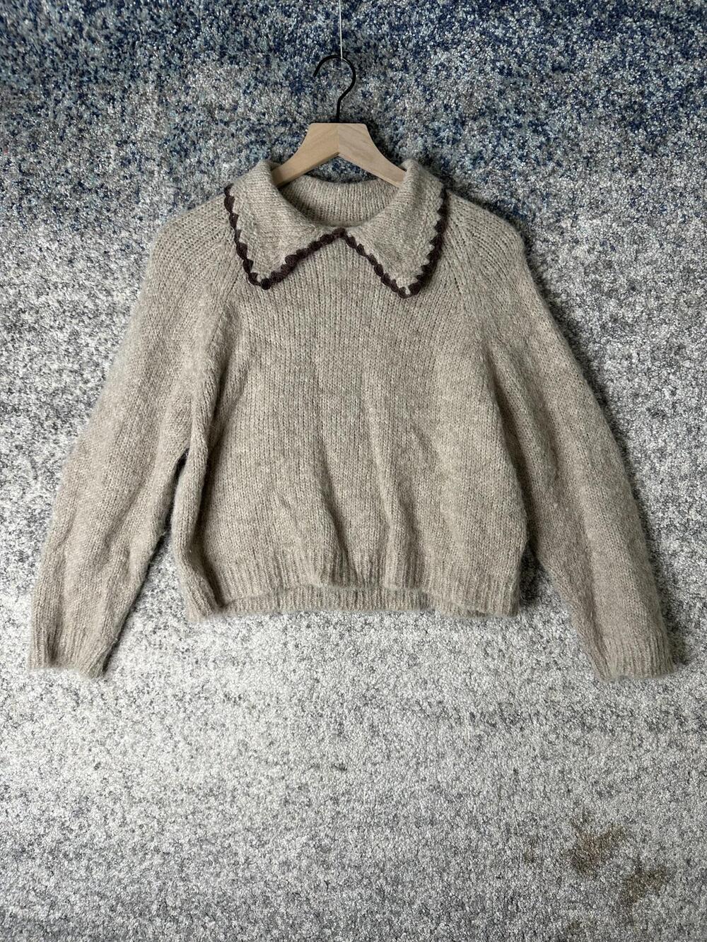 The Great Sweater Womens 1 Beige Alpaca Chunky Knit Scallop Collar Pullover